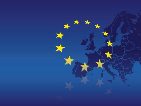 Weltkarte aud der Europa mit den Sternen der Europäischen Union markiert ist