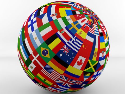 Globus bestehend aus vielen internationalen Flaggen