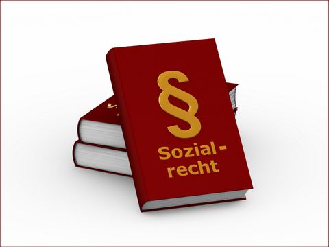 Drei stilisierte Gesetzesbücher, das Buch im Vordergrund mit Paragraphenzeichen und dem Wort "Sozialrecht" auf dem Buchdeckel