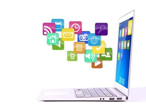 Ein aufgeklappter Laptop. Vor dem Bildschirm schwebende Icons, wie zum Beispiel "Uhrzeit", "Lautsprecher", "Lupe" usw.