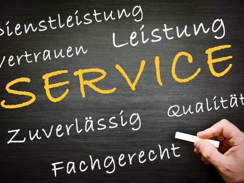 Tafel mit Schlagwörtern wie Service, Dienstleistung, Qualität etc.