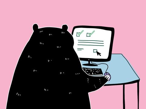 Zeichnung eines Bären, der ein Formular am Computer ausfüllt
