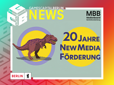 Grafik zum Jubiläum „20 Jahre New-Media-Förderung“ mit einem pixeligen Dinosaurier vor gelben Kreisen.