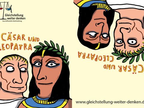 Auf der linken Seite: Cäsar ohne Lorbeerkranz und Cleopatra mit Lorbeerkranz. Auf der rechten Seite: Cäsar mit Lorbeerkranz und Cleopatra.