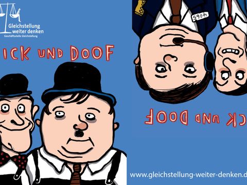 Auf der linken Seite: Dick und Doof. Auf der rechten Seite: Dick und Doof als Agenten.