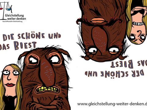 Auf der linken Seite: Die Schöne und das Biest. Auf der rechten Seite: Die Schöne als Biest und das Biest als der Schöne.