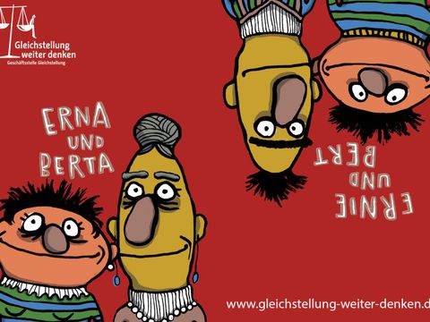 Auf der linken Seite: Ernie und Bert als weibliche Personen gestaltet und heißen Erna und Berta. Auf der rechten Seite: Ernie und Bert.
