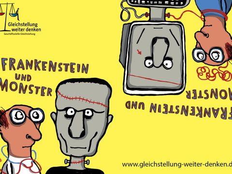 Auf der linken Seite: Frankenstein und Monster. Auf der rechten Seite: Frankenstein und sein Monster als Bildschirm und Tastatur.
