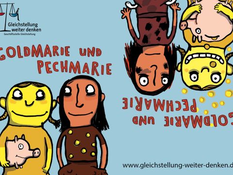 Auf der linken Seite: Goldmarie mit einem Sparschwein und Pechmarie mit Talern auf der Kleidung. Auf der rechten Seite: Goldmarie mit Talern und einem Sparschwein und Pechmarie mit schmutzigen Kleidern.
