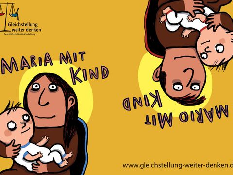 Auf der linken Seite: Maria mit Kind. Auf der rechten Seite: Mario mit Kind.