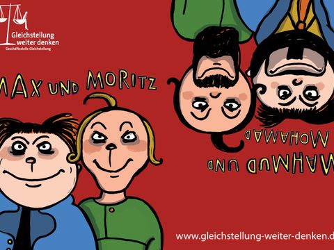 Auf der linken Seite: Max und Moritz. Auf der rechten Seite: Max und Moritz mit Bart und heißen Mahmud und Mohamad.
