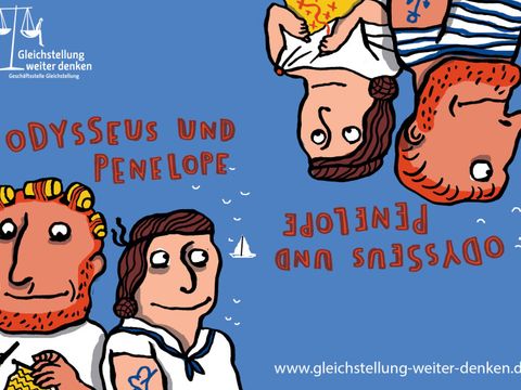 Auf der linken Seite: Odysseus mit Lockenwicklern im Haar und beim Häkeln und Penelope. Auf der rechten Seite: Odysseus und die Penelope beim Nähen.