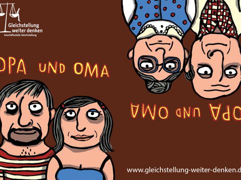 Auf der linken Seite: Opa und Oma als junge Menschen. Auf der rechten Seite: Opa und Oma als alte Menschen.