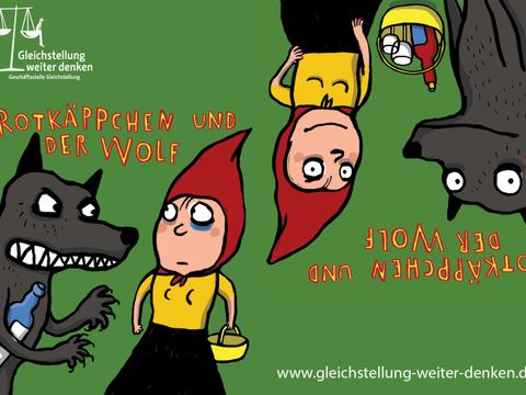 Auf der linken Seite: Wolf mit einer Flaschen greift Rotkäppchen an. Auf der rechten Seite: Der Wolf und Rotkäppchen grinsend und in ihrer Mitte ein Korb mit einer Flasche und zwei Gläsern.