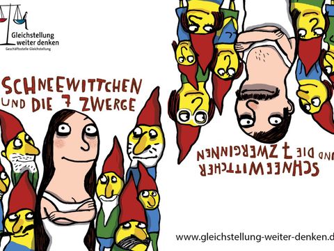 Auf der linken Seite: Schneewittchen und die sieben Zwerge. Auf der rechten Seite: Schneewittcher und die sieben Zwerginnen.