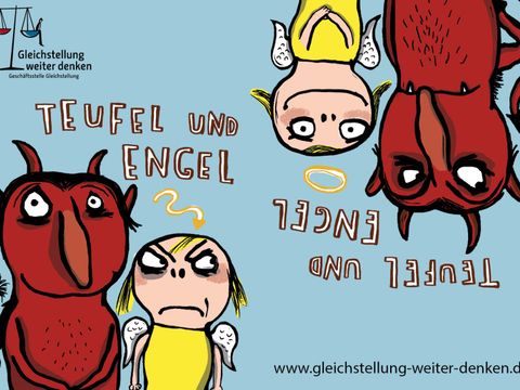 Auf der linken Seite: Teufel als Engel und Engel als Teufel. Auf der rechten Seite: Teufel und Engel.