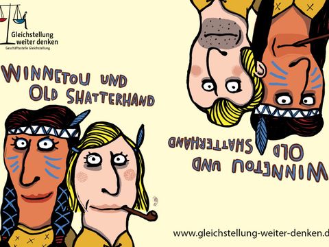 Auf der linken Seite: Winnetou und Old Shatterhand als weibliche Personen. Auf der rechten Seite: Winnetou und Old Shatterhand.