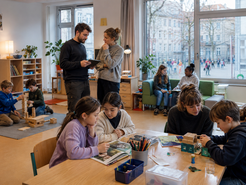 Heller Ganztagsraum einer Berliner Schule: Kinder lesen, bauen und gestalten gemeinsam, während pädagogische Fachkräfte sie begleiten und sich miteinander abstimmen. Das Bild vermittelt Bildung, Erziehung und Betreuung als gleichwertige Bestandteile des Schulalltags.