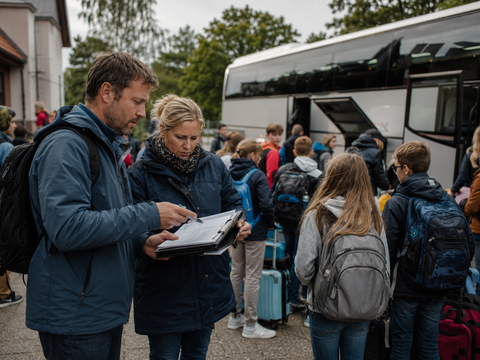 Zwei schulische Beschäftigte prüfen konzentriert Unterlagen auf einem Klemmbrett, während im Hintergrund Schüler*innen mit Rucksäcken und Koffern an einem Reisebus warten und einsteigen. Das Bild zeigt die organisatorische Verantwortung und Aufsicht bei einer Klassenfahrt.