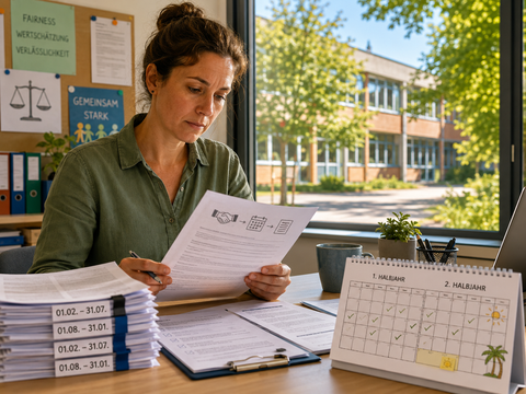 Eine Beschäftigte sitzt in einem hellen Schulbüro an einem Schreibtisch und prüft konzentriert Vertragsunterlagen. Auf dem Tisch liegen gestapelte Dokumente, ein Kalender mit zwei Schulhalbjahren, Checklisten und Büromaterial.