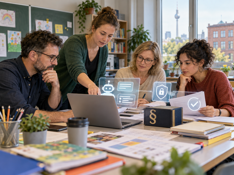 Vier Beschäftigte einer Berliner Schule besprechen gemeinsam den Einsatz von KI; Symbole stehen für Datenschutz, rechtliche Vorgaben und verantwortliche Prüfung.