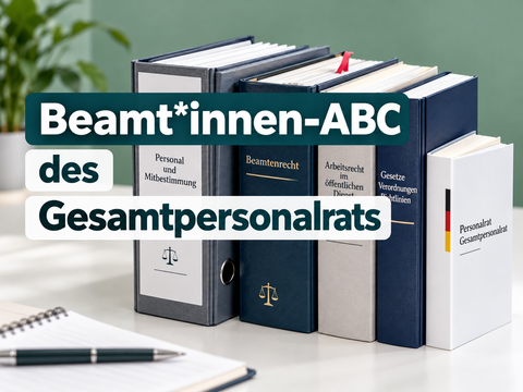 Mehrere Gesetzes- und Fachbücher zum Beamten- und Arbeitsrecht auf einem Schreibtisch. Darüber steht der Titel „Beamt*innen-ABC des Gesamtpersonalrats“.
