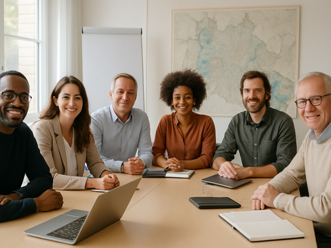 Mehrere Personen sitzen in einem Büro gemeinsam an einem Konferenztisch