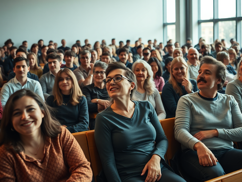 Vielen Menschen sitzen in einem hellen Saal. Teils lachen sie und sehen insgesamt sehr froh und interressiert aus.