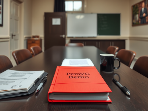 Das rote Personalvertretungsgesetz liegt auf einem Konferenztisch in einem Schulbüro.