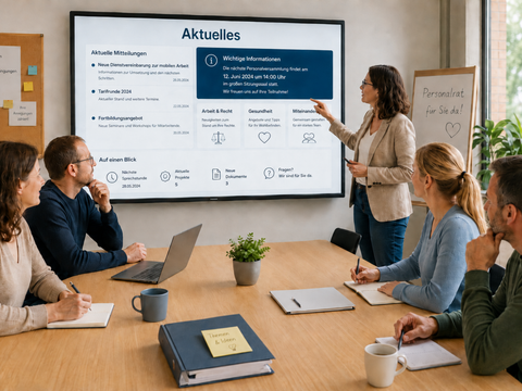 Vier Personen sitzen in einem Büro gemeinsam an einem Tisch und betrachten eine Smartboard. Eine Frau deutet auf diesem auf verschiedene aktuelle Nachrichten.