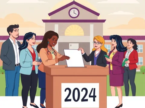Eine illustrative Szene vor einem Schulgebäude: Mehrere Beschäftigte stehen um eine Wahlurne herum, in die eine Person einen Stimmzettel einwirft. Auf der Wahlurne steht „2024“.