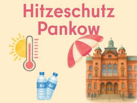 Symbolbild Hitzeschutz Pankow mit Thermometer, Rathaus und Sonnenschirm