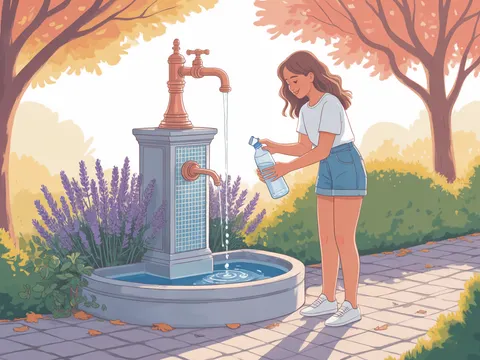 Frau an Trinkbrunnen in der Natur