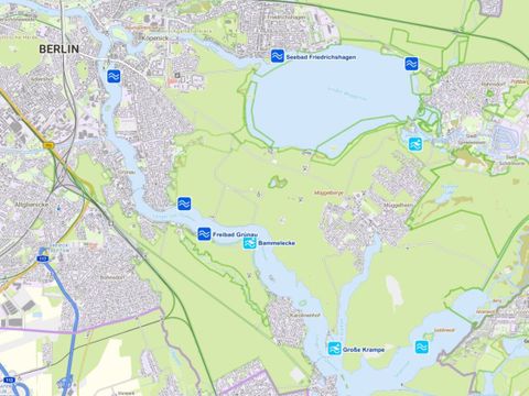 Kartenausschnitt aus der Kühle Orte Karte Berlin mit eingeblendeten Badestellen