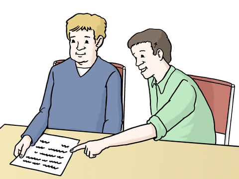 Illustration eines Mannes, der einem Anderen beim lesen eines Briefes hilft