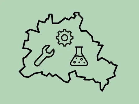Navigationsbild mit Piktogram einer Berlinkarte, in der ein Schraubenschlüssel, ein Zahnrad und ein Erlenmyerkolben stehen