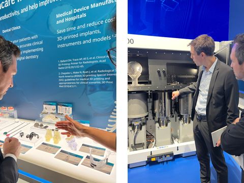 Collage aus zwei Bildern zeigt einen Stand mit Produkten aus dem 3D Druck für das Gesundheitswesen