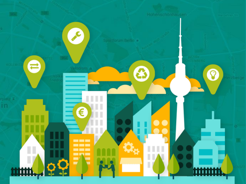 Silhouette von Berlin mit Ortsmarkierungen in Recycling-Symbol