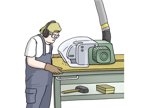 Eine Person arbeitet an einer Holz-Verarbeitungs-Maschine