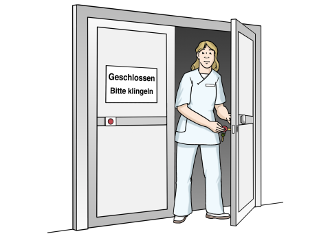 Eine Krankenschwester öffnet die Tür einer geschlossenen Abteilung