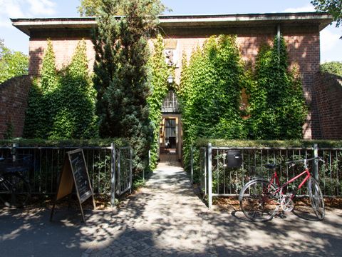 Dicht bewachsenes Backsteingebäude