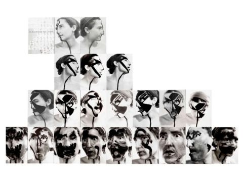Gabriele Stötzer – „Auslöschung eines Blicks, Ich trage meine Wunden offen“, 1983, Fototableau bestehend aus 22 Vintages, Silbergelatine auf Barytpapier, gesamt 58,8 x 94,5 cm