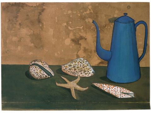 Ernst Schroeder, Schneckengehäuse, Seestern und Kanne, um 1955, Beize, Tusche und Wasserfarben auf braunem Karton, 24,3 x 36 cm (Bild: © Privatbesitz Berlin / Foto: Herbert Boswang)