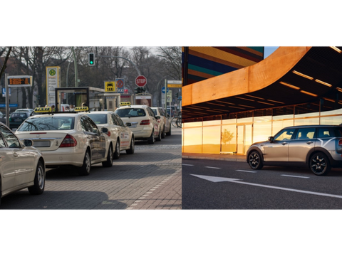 Collage aus zwei Bildern. Im ersten Bild ist ein Taxistand und im zweiten Bild ist ein Carsharing Auto.