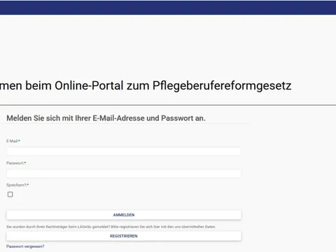 Abbildung der Maske vom Online-Portal zum Pflegeberufereformgesetz