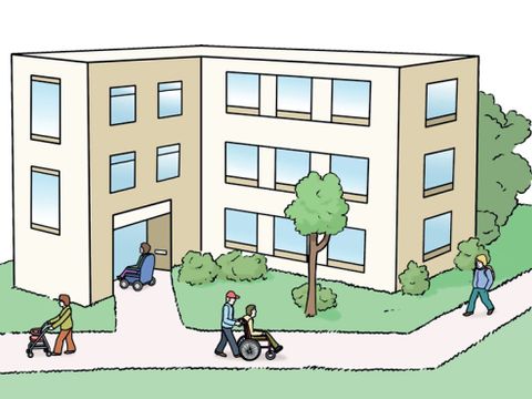 Bild eines Hauses, vor dem mehrere Personen, unter anderem im Rollstuhl, auf dem Gehweg spazieren.