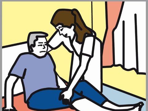 Pictogramm Krankenpflegerin hilft einen Kranken im Bett
