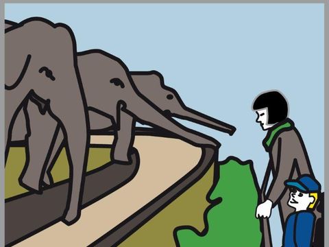 Pictogramm Rollstuhlfahrer vor einem Elefantengehege