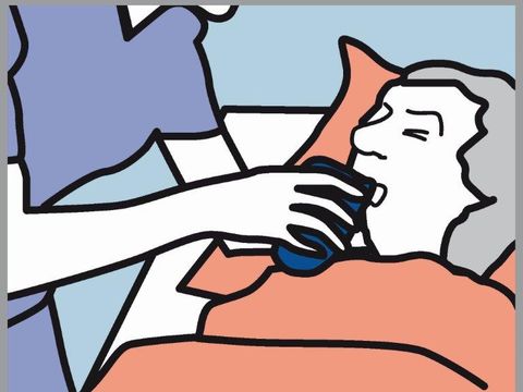Pictogramm Pflegeperson gibt einer bettlägerigen Frau etwas zu trinken