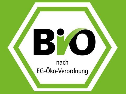 Das Deutsche Bio-Siegel. Bio nach EG-Öko-Verordnung. Weißes sechseck auf grünem Grund